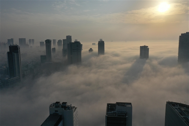Early morning fog over Tel Aviv, January , 2021
